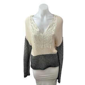 Sloane Rouge Women's Color Block Crochet V Neck Dolman Sleeve Boho Sweater Top S